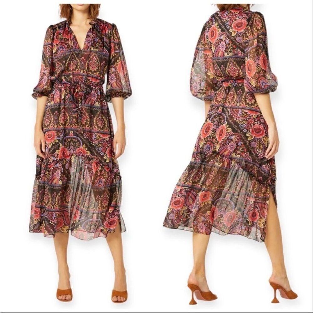 MISA Los Angeles Olivia Puff-Sleeve Floral Paisley Chiffon Midi Dress
